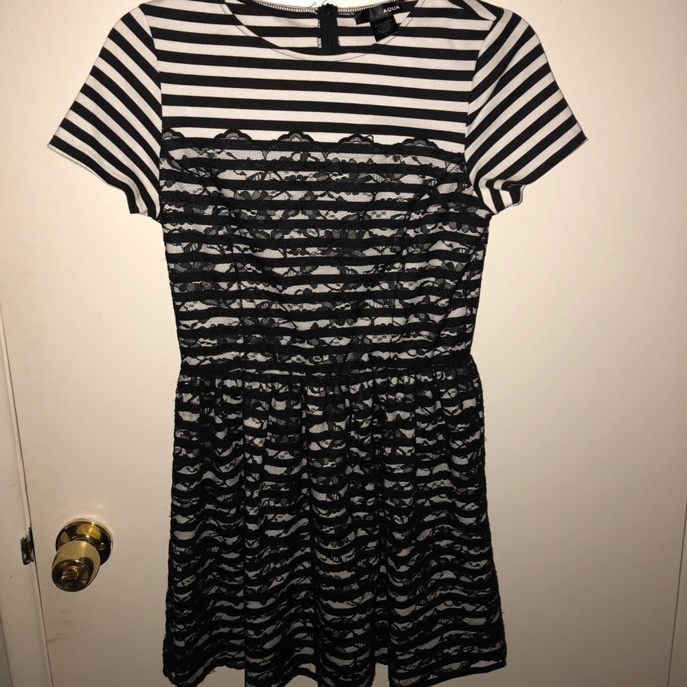 Aqua striped dress with a lace overlay